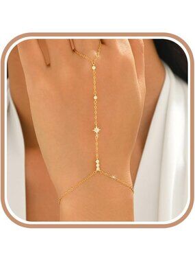 Dainty 925 Sterling Silver CZ Starburst Hand Chain Bracelet for Women - Elegant